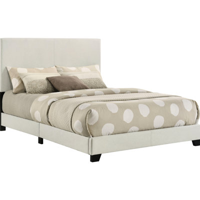 Cream Upholstered Full Panel Bed With Comfortable Padded Headboard, Rubberwood And Construction, Black Legs, Bedroom Essential Soft , Wood Ideal For
