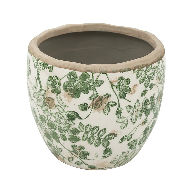 7.3x7.3x6.7" Vintage-Inspired Ceramic Vase with Distressed Green and White Botanical Pattern, 6.7" H x 7.3" W x 7.3" D