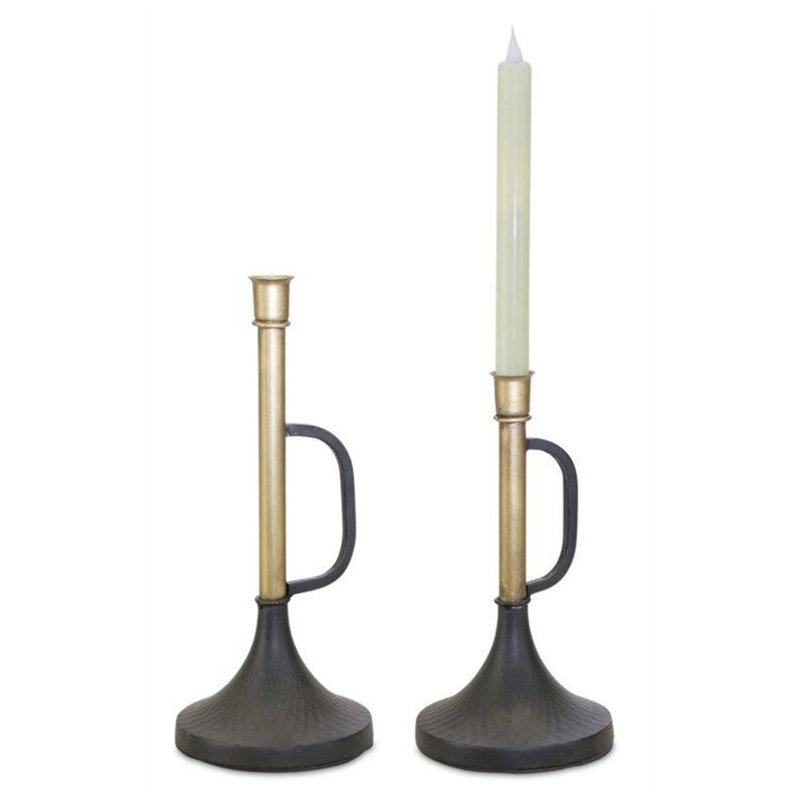 Set of Two Black And Gold Distressed Metal Tabletop Taper Candlesticks