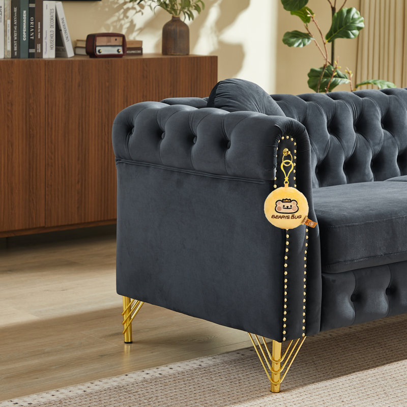 Fauteuil Chesterfield en velours avec boutons capitonnés, Gris, 1 canapé simple