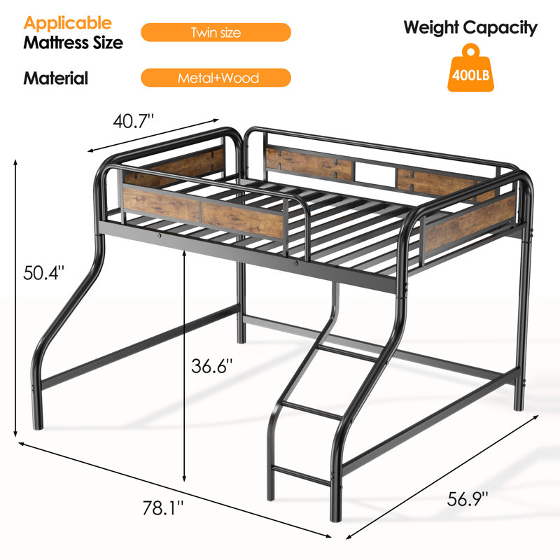Twin Metal Loft Bed with Guardrails and Built-In Ladder
