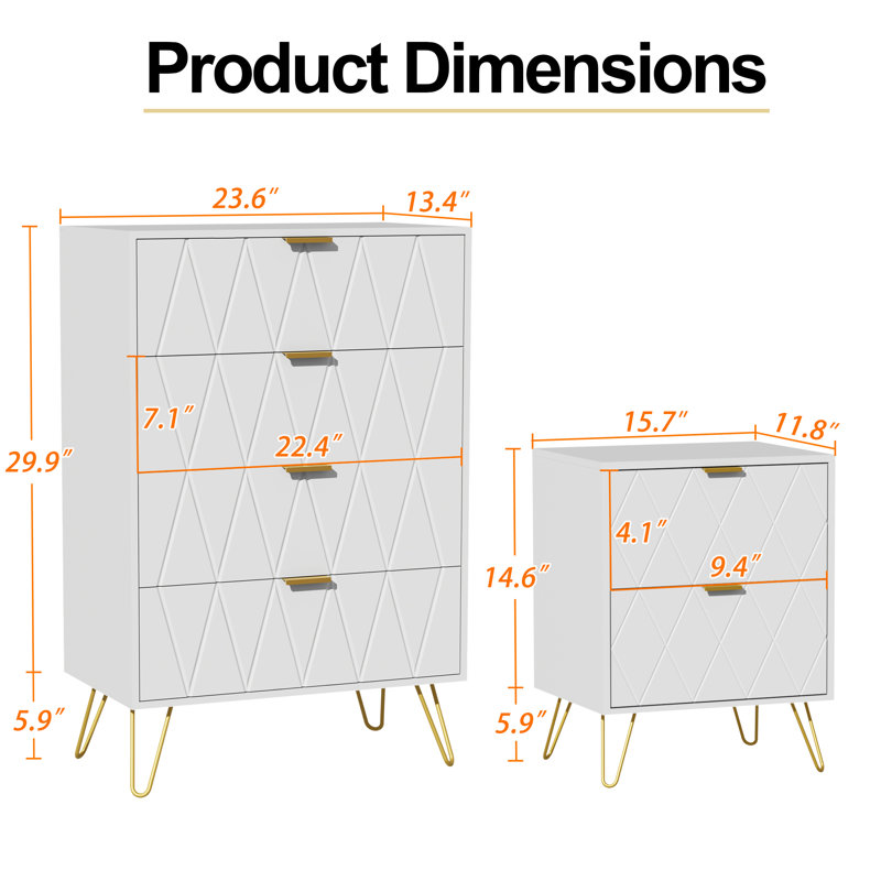 Ensemble de commode de chambre à coucher 4 tiroirs l 23,6 po avec table de chevet 2, Blanc