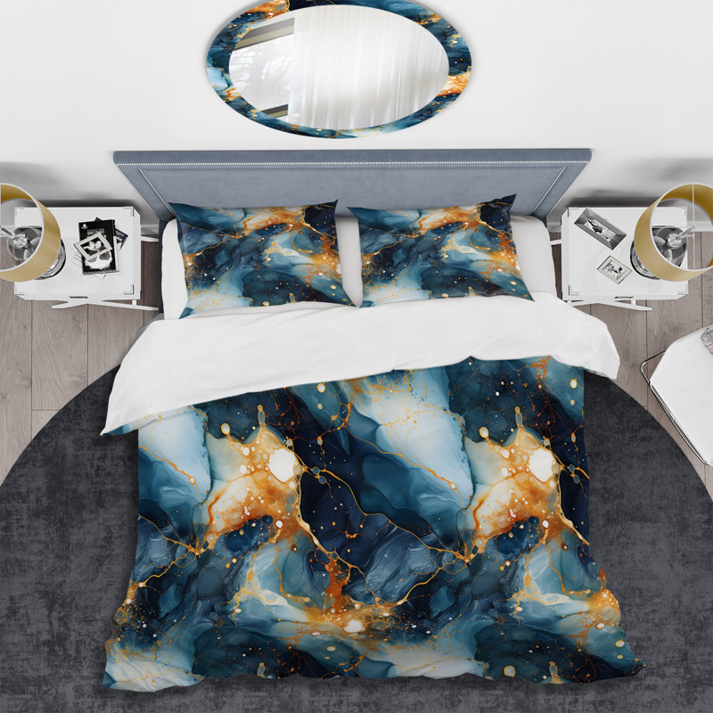 Ensemble de housse de couette Teal and Gold Astral Marble Dreams, Housse de couette pour grand lit et 2 taies décor