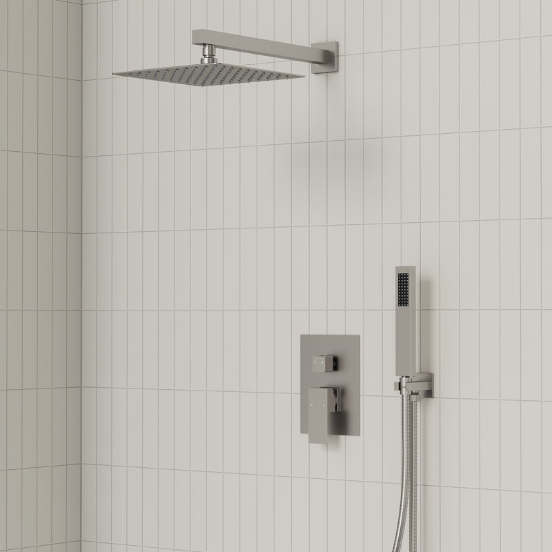  Système de douche à pluie haute pression 10 po, robinet de douche mural avec douchette, Nickel brossé, 2.0
