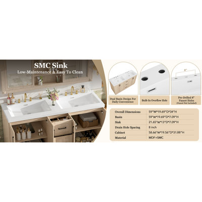 [Viedo] Meuble-lavabo double 59 po avec lavabo SMC, 4 portes et 3 tiroirs, meuble-lavabo moderne en bois aggloméré avec tablettes réglables, portes à fermeture en douceur et glissières cachées