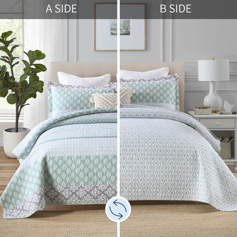 Gray and Green Reversible Cotton Queen Quilt Set
