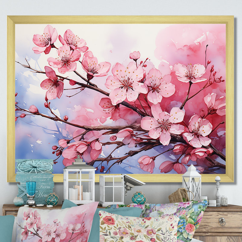 «Pink Blossom Cheery Tree Wind III», art mural cerise, Cadre doré à coins fermés, H 12 po x l 20 po x P 1 po