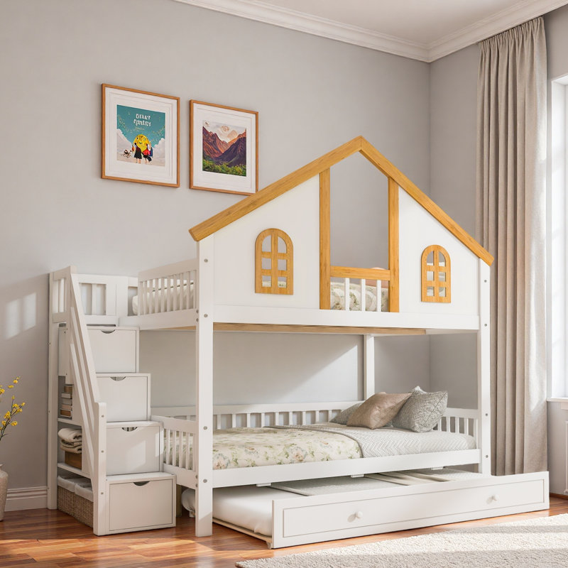 Lit superposé en bois avec escalier de rangement, lit gigogne, toit de maison et porte de fenêtre, Double sur double