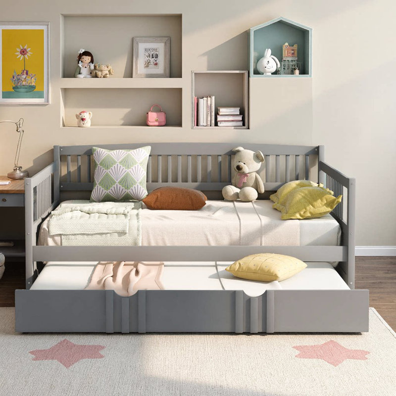 Solid Wood Full Size Daybed with Twin Trundle - Space-Saving Sleeper Sofa, Gray
