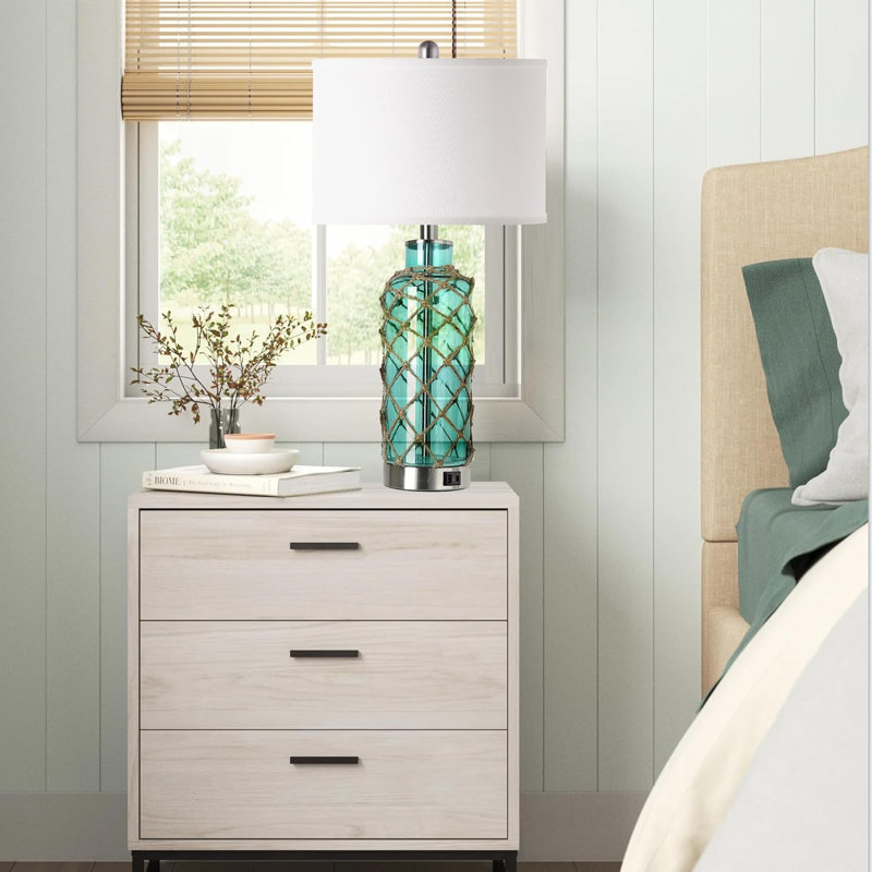 Cottage Nautical Accent Table Lamp Set Of 2, Touch Coastal Blue Green Glass Rope Net Bedside Lamp With USB C+A Fast Charging Ports, 3-Way Dimmable Nightstand Lamps White Shade For Living Room Bedroom