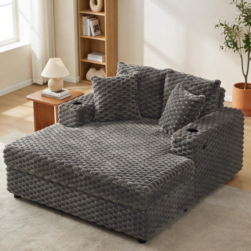 Méridienne surdimensionnée de 60 po - Canapé-lit rembourré en velours côtelé avec coussin et accoudoirs pour le salon, Gris