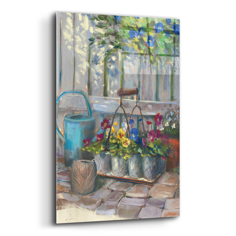 «Pansies In Wire Basket» par Carol Rowan, H 16 po x l 12 po x P 0,13 po