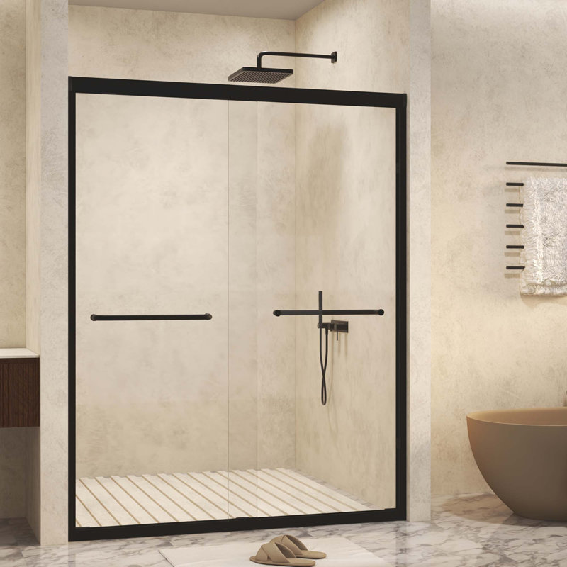Tempered Glass With Explosion Proof Film,Aluminum Frame Double Sliding Shower Door,Stainless Steel Handle, Black