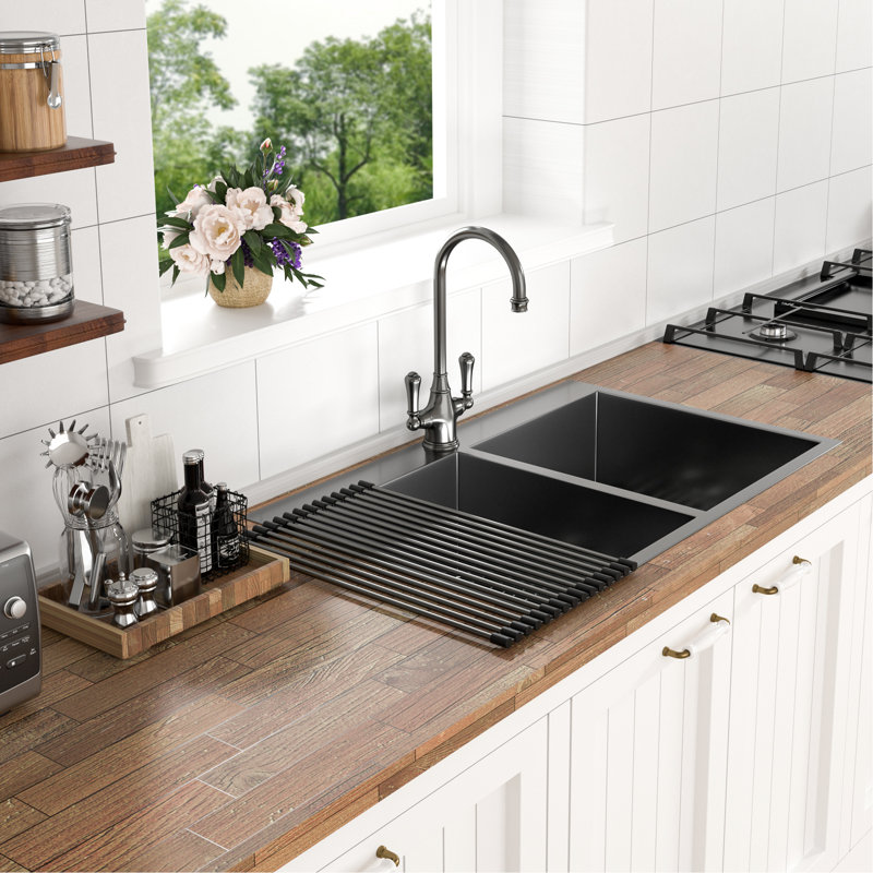Gunmetal Black Double Bowl Sink - 33X22 Inch, 18 Gauge Stainless Steel, Long-Lasting Kitchen Steel 33"X22" Black, Bowl, Low Noise Level