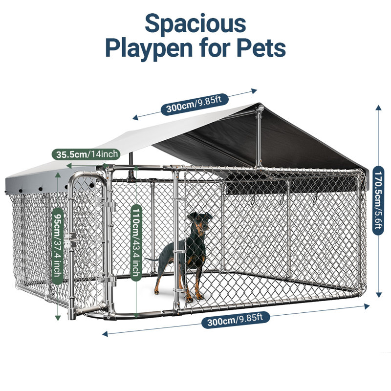 Chenil d'extérieur pour chien de 10 pi avec toit, chenil extérieur avec couvercle imperméable, parc pour chien robuste et extérieur galvanisé avec verrou verrouillable