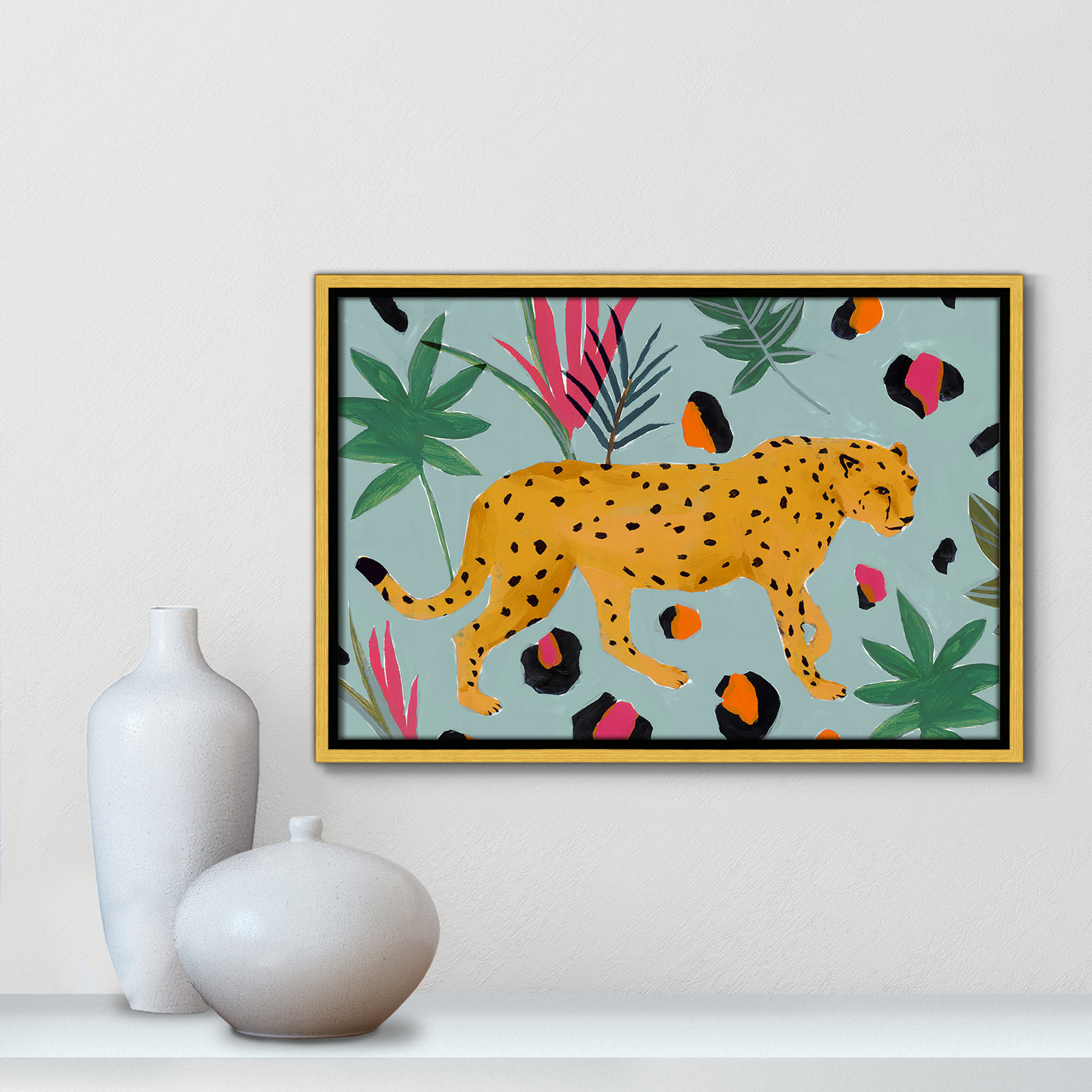Walking Cheetah II by Isabelle Z - Painting Print, Gold Framed Canvas, 13.5" H x 19.5" W x 2" D