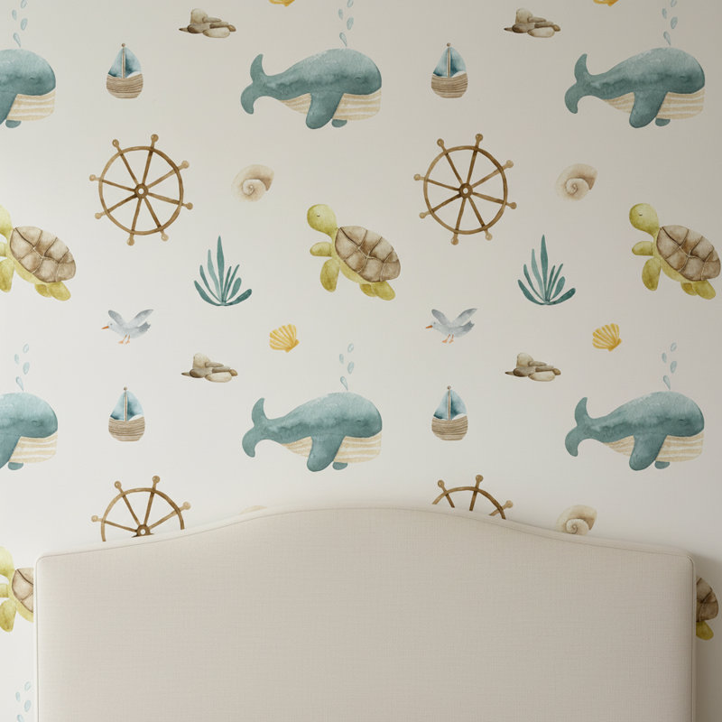 Papier peint marin, tortue baleine, Non tissé, non collé