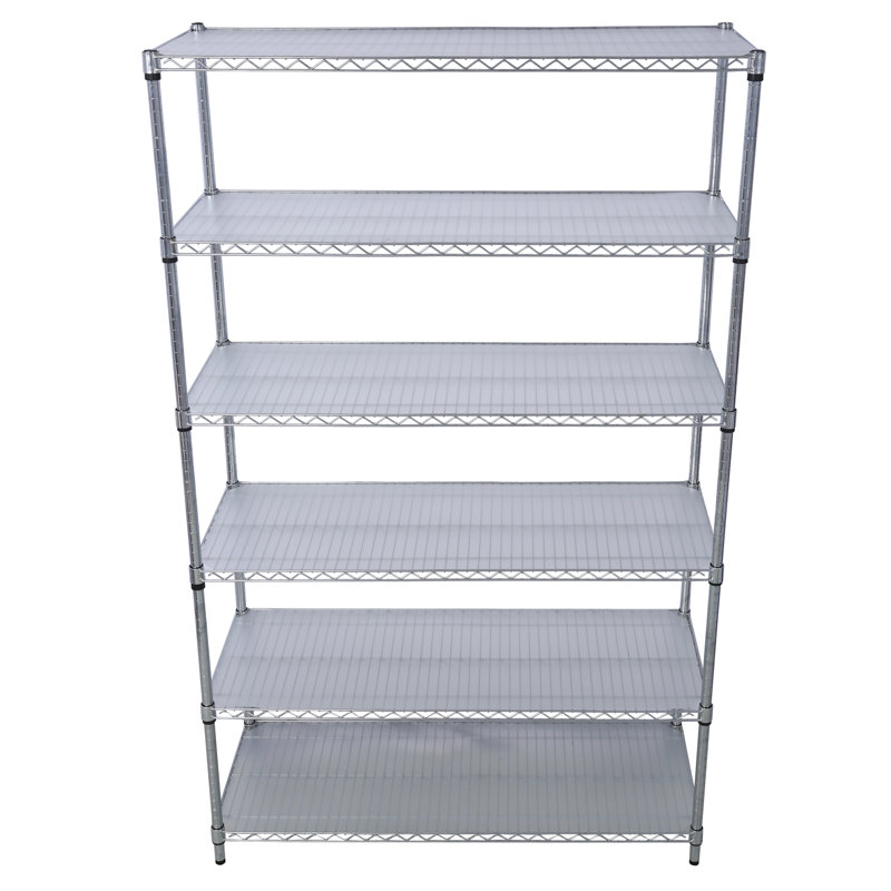 Étagère à 6 niveaux en fil métallique robuste - capacité de 6 000 lb. Support de rangement certifié NSF avec roulettes et doublures de tablettes pour l'organisation de garage, de cuisine et d'entrepôt commercial.