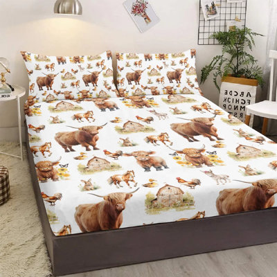 3-piece Little Cow And Duck Kids Bedding Set, Cute Animal Theme Fitted Sheet With 2 Pillowcases, Soft Microfiber Deep Pocket Bed Sheets For Children's Bedroom, All-season Use 