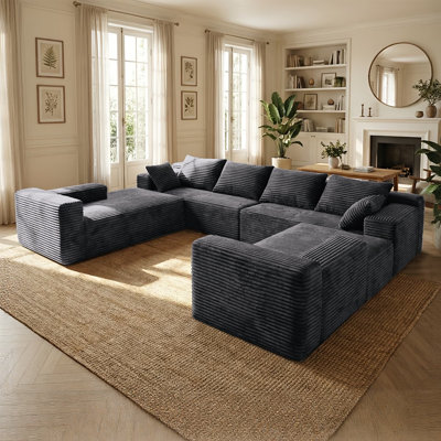 137" Oversized Compression Corduroy U-Shaped Cloud Couch, Gray