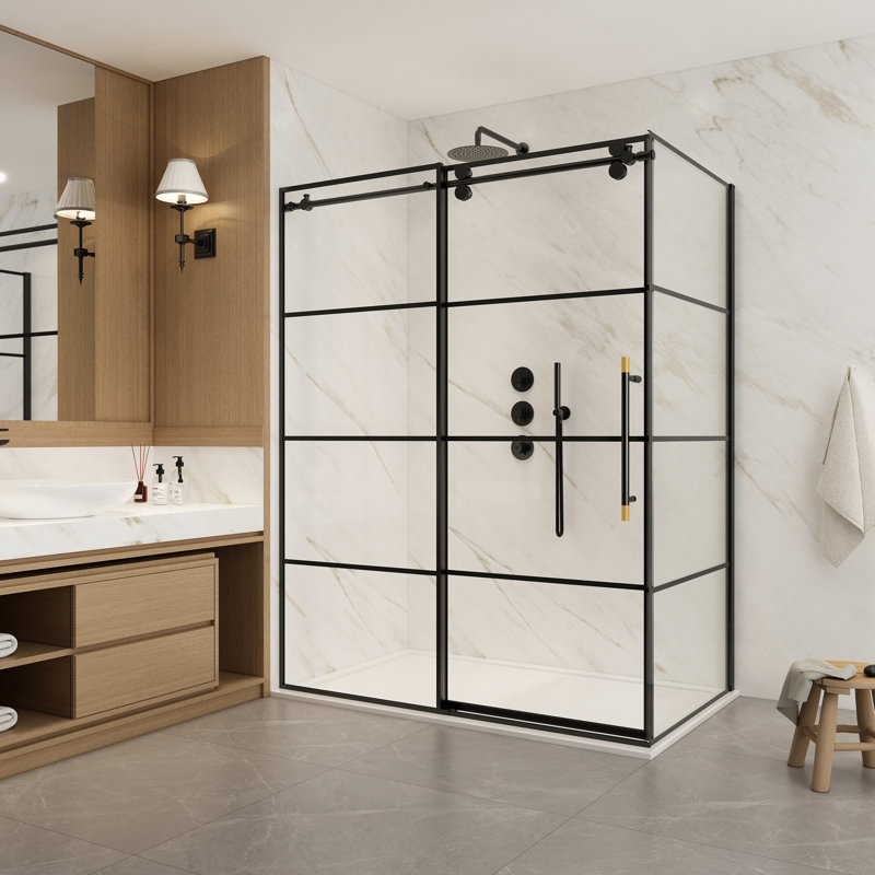 Losar 60" Matte Black Sliding Shower Enclosure with Tempered Glass