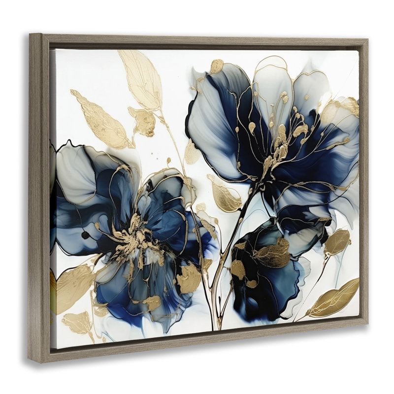 Fleurs bleues tourbillonnantes modernes, H 17 po x l 21 po, Cadre flottant orme Montalcino