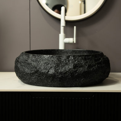 Lavabo de salle de bain 18 po, bassin ovale irrégulier en résine avec motif de pierre, gris foncé, design artistique, entretien simple, 3 choix de couleurs personnalisées, pas de robinet, bouchon de drain de lavabo sans trou de trop-plein