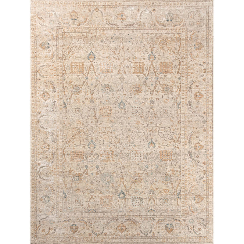 Tapis beige et multicolore de haute qualité noué à la main, Rectangle de 5 pi x 8 pi