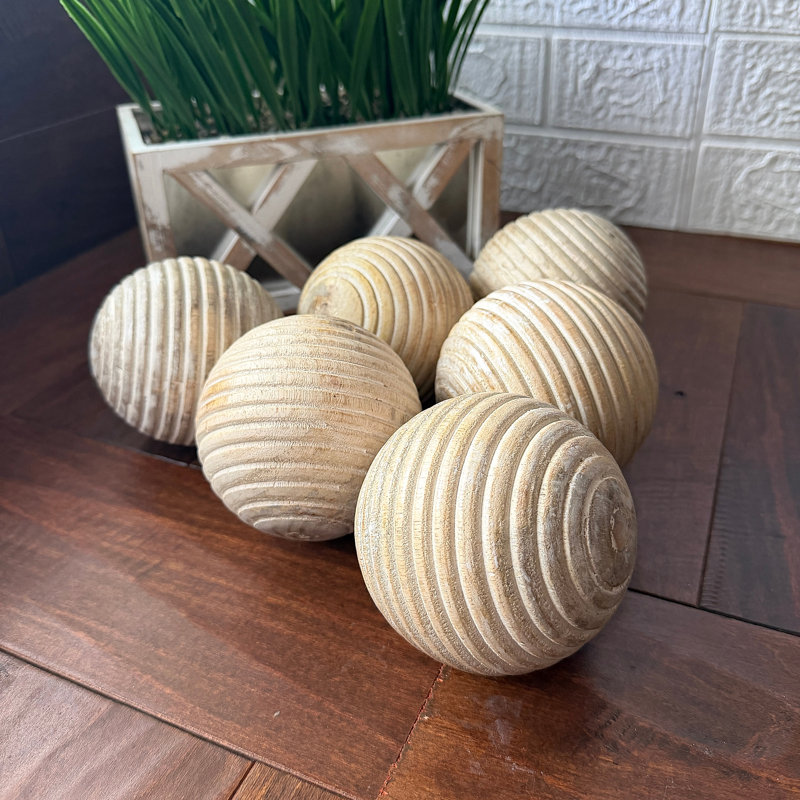 Boules décoratives en bois côtelé naturel, style ferme côtière, ensemble de 6, pour remplir les bols, 10 cm de diamètre