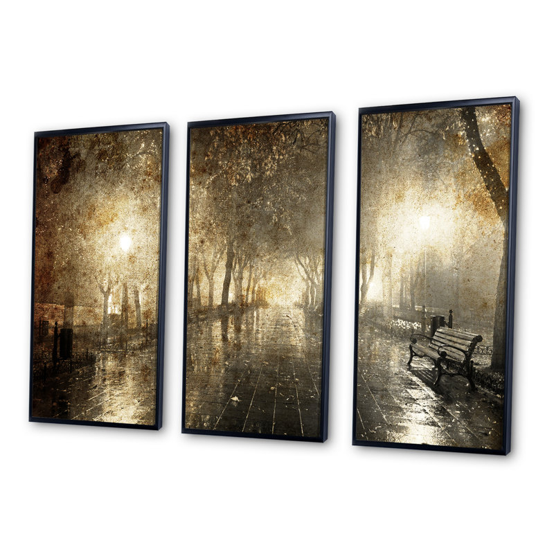 Night Alley with Lights - Ensemble d'art mural sur toile encadré paysage de 3, Noir, H 28 po x l 36 po