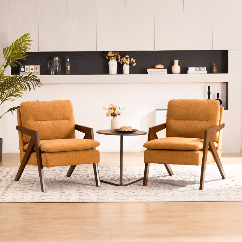 Mid Century Modern Upholstered Chenille Solid Wood Accent Armchair, Yellow