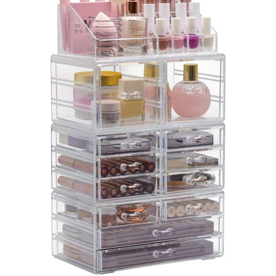 Sorbus 12 Drawer 4-Piece Makeup and Jewelry Organizer Case and Top Shelf in Clear