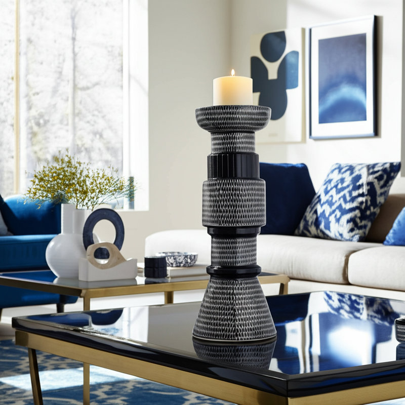 Pillar and Taper Candle Holder Stoneware and Ceramic Geometric Textured Pattern Blue and White Finish for Home Office Bedroom or Living Room Decor