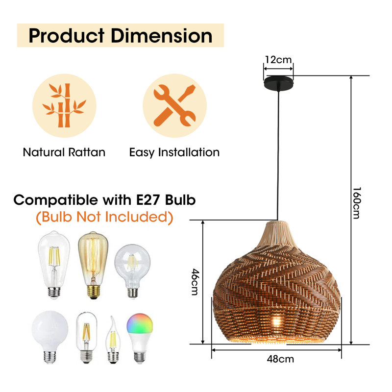 Rattan & Film Pendant Light, Mixed Materials Shade, Iron Frame, Adjustable Height, E27 Socket, 48 Cm Diameter, For Modern Rustic Homes (Bulb Not Included)