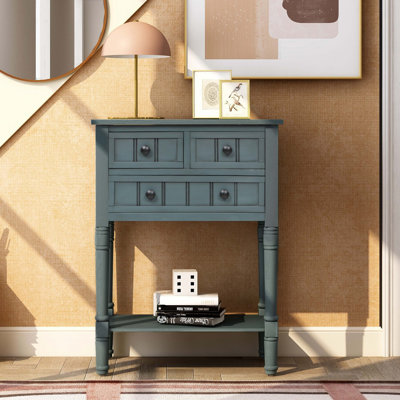 Console étroite, canapé mince avec trois tiroirs de rangement et tablette inférieure pour le salon, assemblage facile (bleu marine)