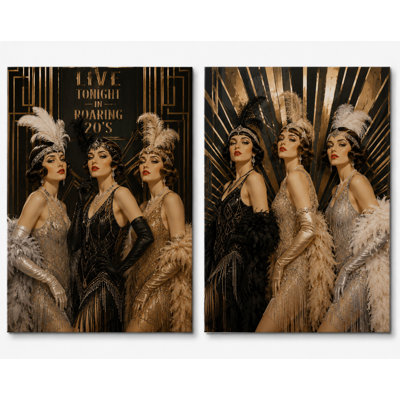 Très grand ensemble de 2 impressions sur toile Gatsby Flapper Girls Roaring Twenties Glamour Decor pour chambre à coucher salon bar, impression sur toile 24 x 36 pouces - prête à être accrochée