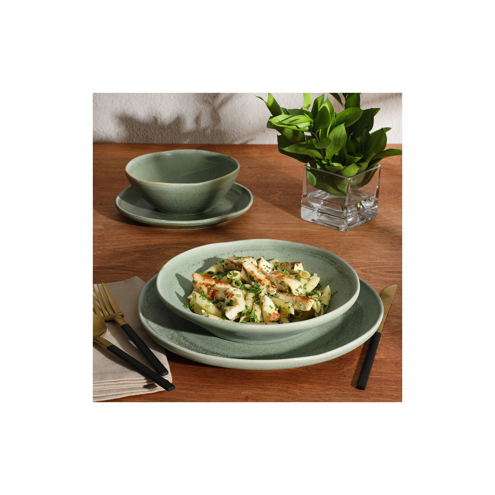 Gibson Elite Island Cove 16 Piece (Service for 4) Plates and Bowls Reactive Glaze Organic Round Dishes Stoneware Ceramic Dinnerware Set