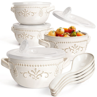 20oz. Ceramic Soup Crocks with Lids and Spoons - Damask Floral Embossed Bowls