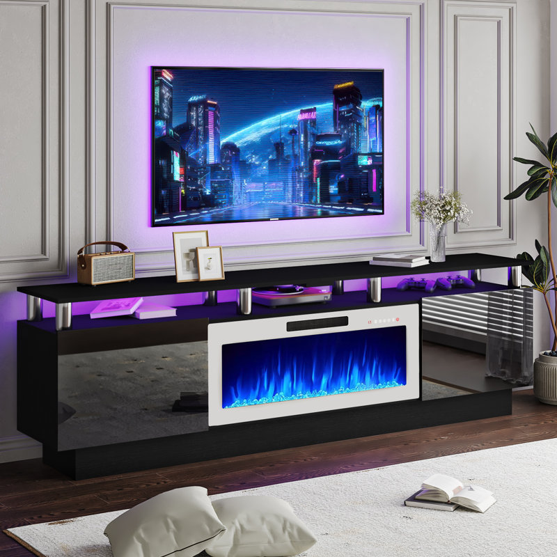 Alazik TV Stand with Electric Fireplace, Black/Silver, White, 24”H x 14”L x 80”W