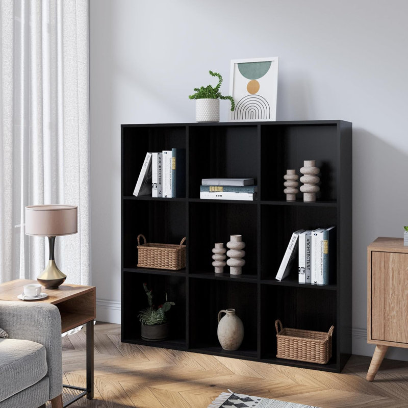 Ebern Designs Bookcase, 9 Cube Open Storage Organizer Display Bookshelf, 35.1"H x 35.1" W x 11.8"D, Obsidian Wood