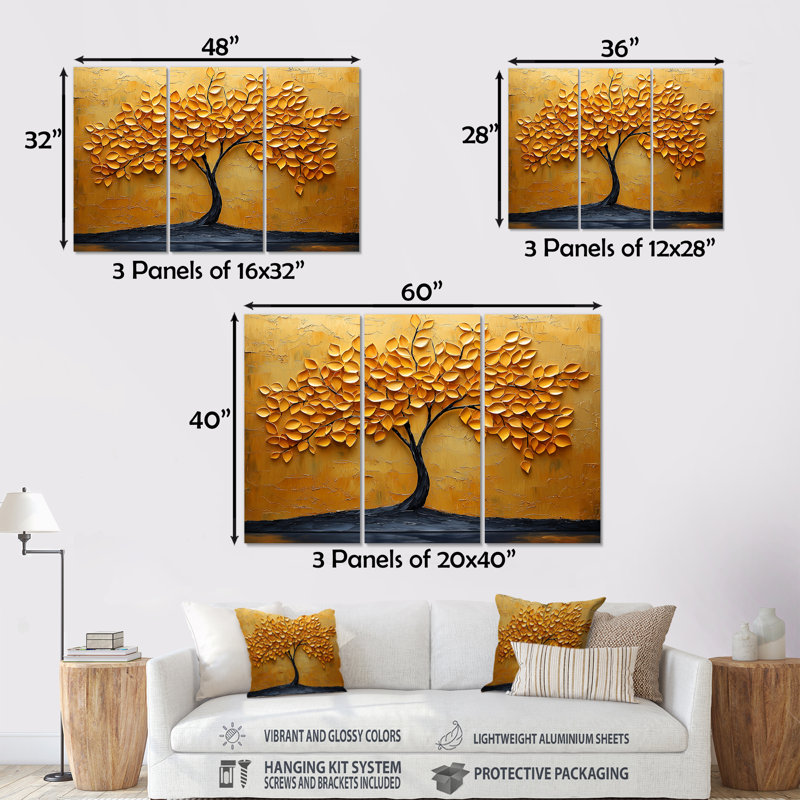 «Orange Autumn Whisper Tree American Basswood III», ensemble de décoration murale arbre américain, Métal métal
