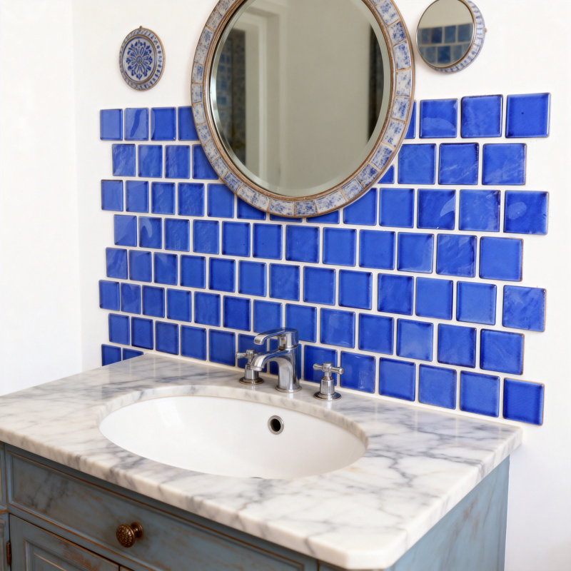 Landscape 1 in. x 1 in. Translucent Glass Plastic Face Mounted Brick Mosaic Designer Pool Tile, Mediterranean