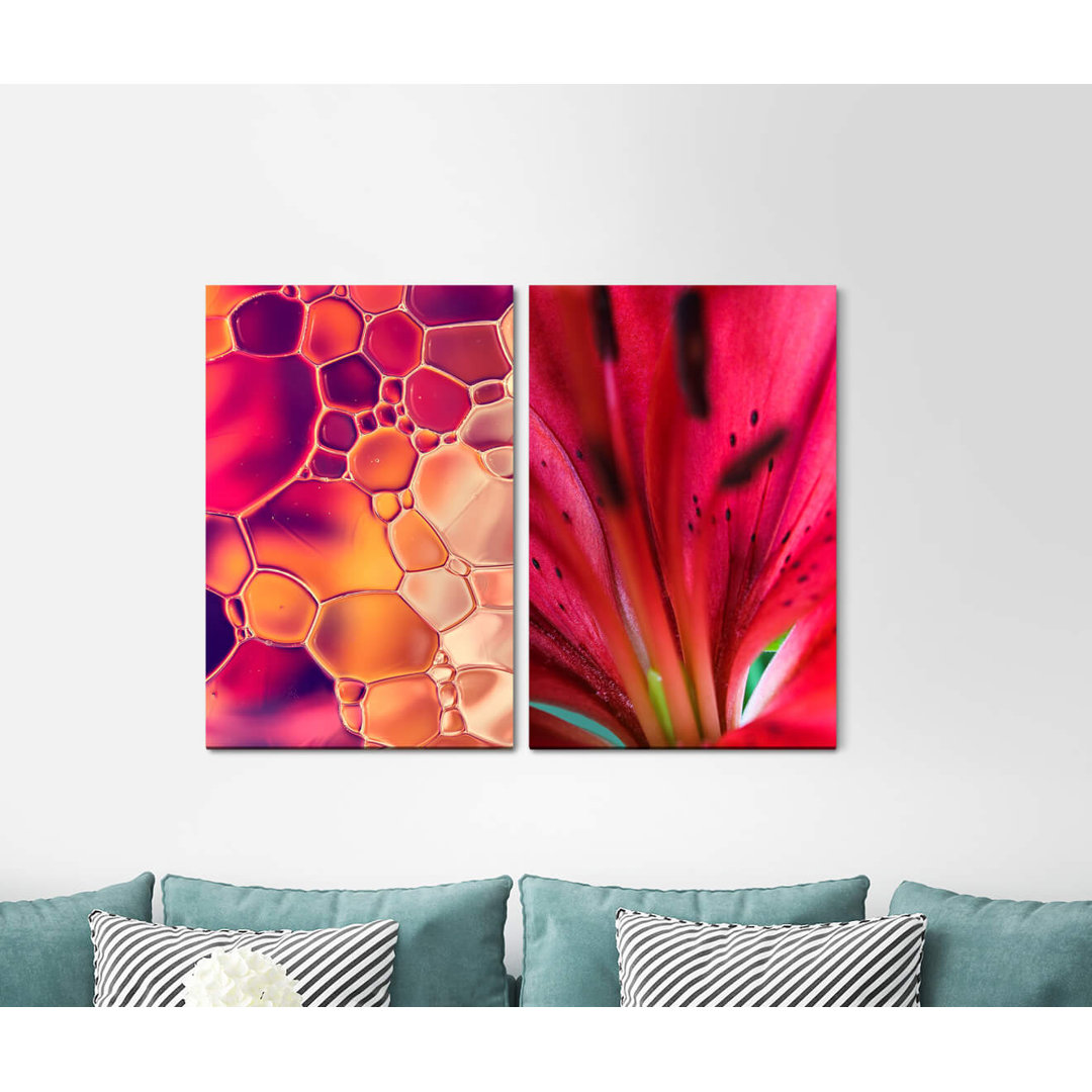 2-tlg. Leinwandbilder-Set - Grafikdruck „Abstract Red Water Bubbles Flower Focus”