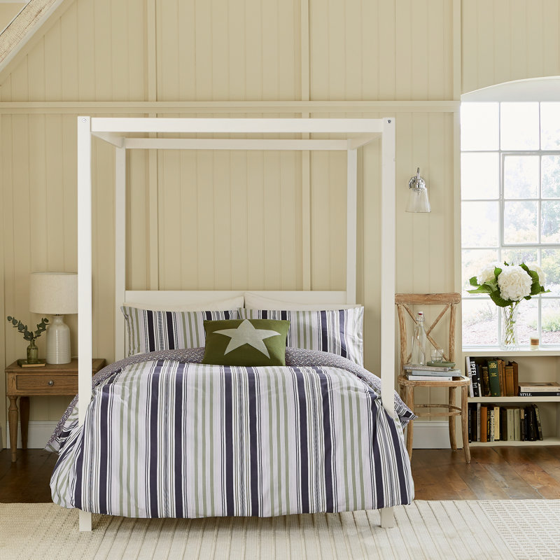 Beach House Stripe Cotton Duvet Cover Set, King Size Duvet Cover + 2 Pillowcases, Grey