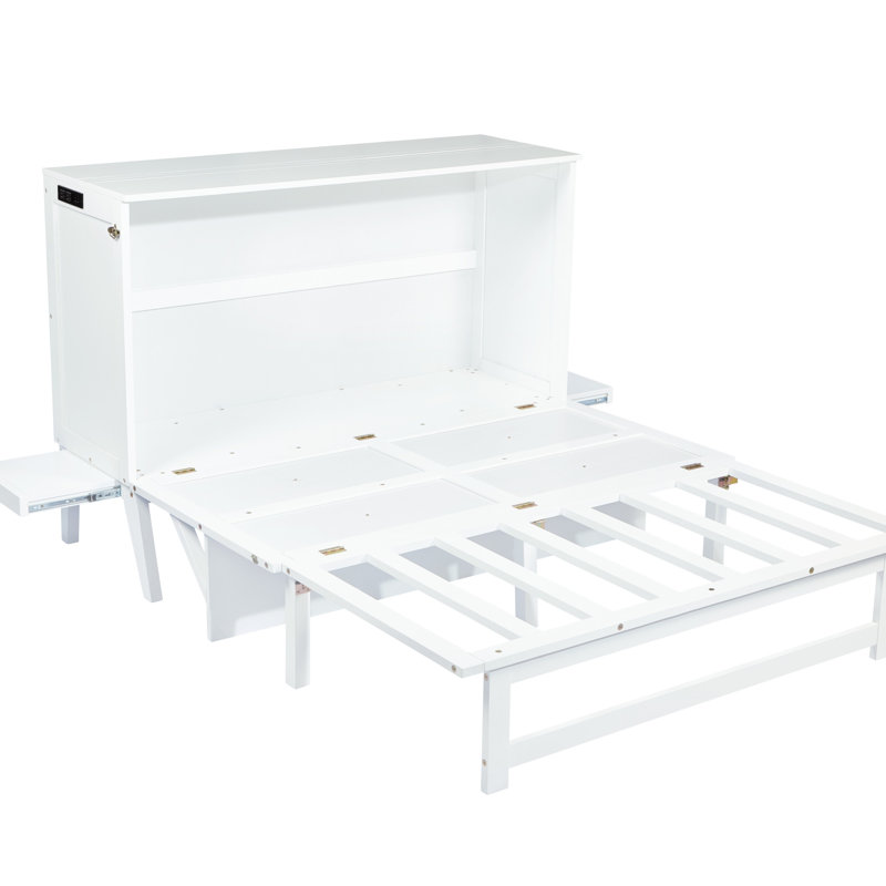 Lit escamotable avec port USB et tablettes amovibles de chaque côté, Full, Blanc