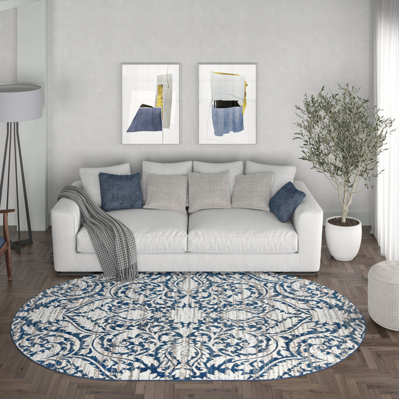 Tapis damassé bleu foncé Dania, Ovale 5 pi 3 po x 7 pi 3 po