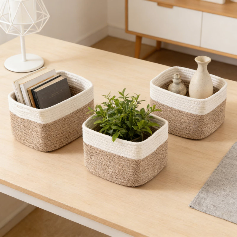Paniers de rangement tissés en corde de coton, 3 boîtes de rangement cubiques avec poignées renforcées pour les tablettes, les placards et l'organisation à la maison