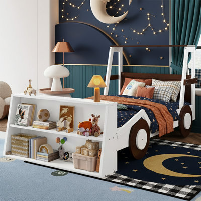 85.6" Twin Size Race Car Bed with Front Storage Shelves -  Kids Platform Bed Frame - Low Profile Wood Car Bed with Protective Side Panels