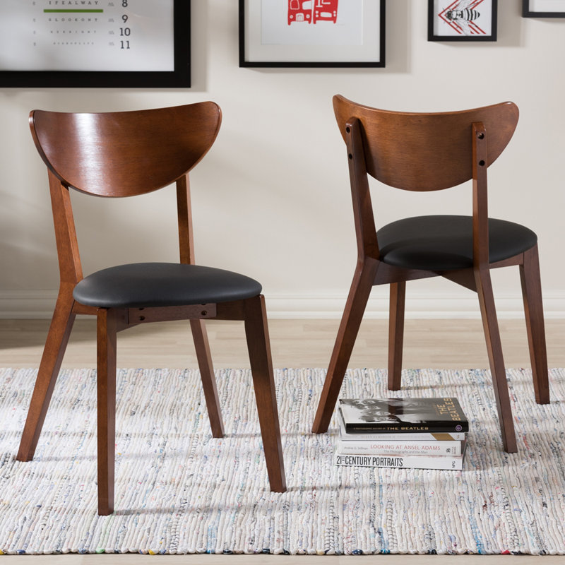 Set of 2 Black Faux Leather Walnut Dining Chairs