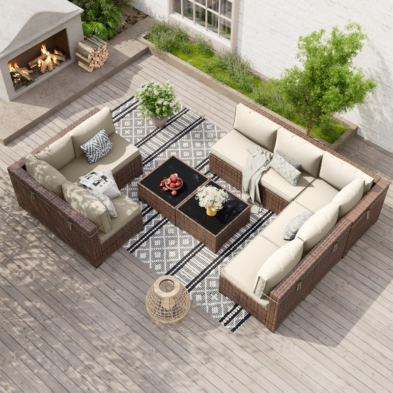 Mecayla Wicker 8 - Person Patio Conversation Set with Cushions, Cream